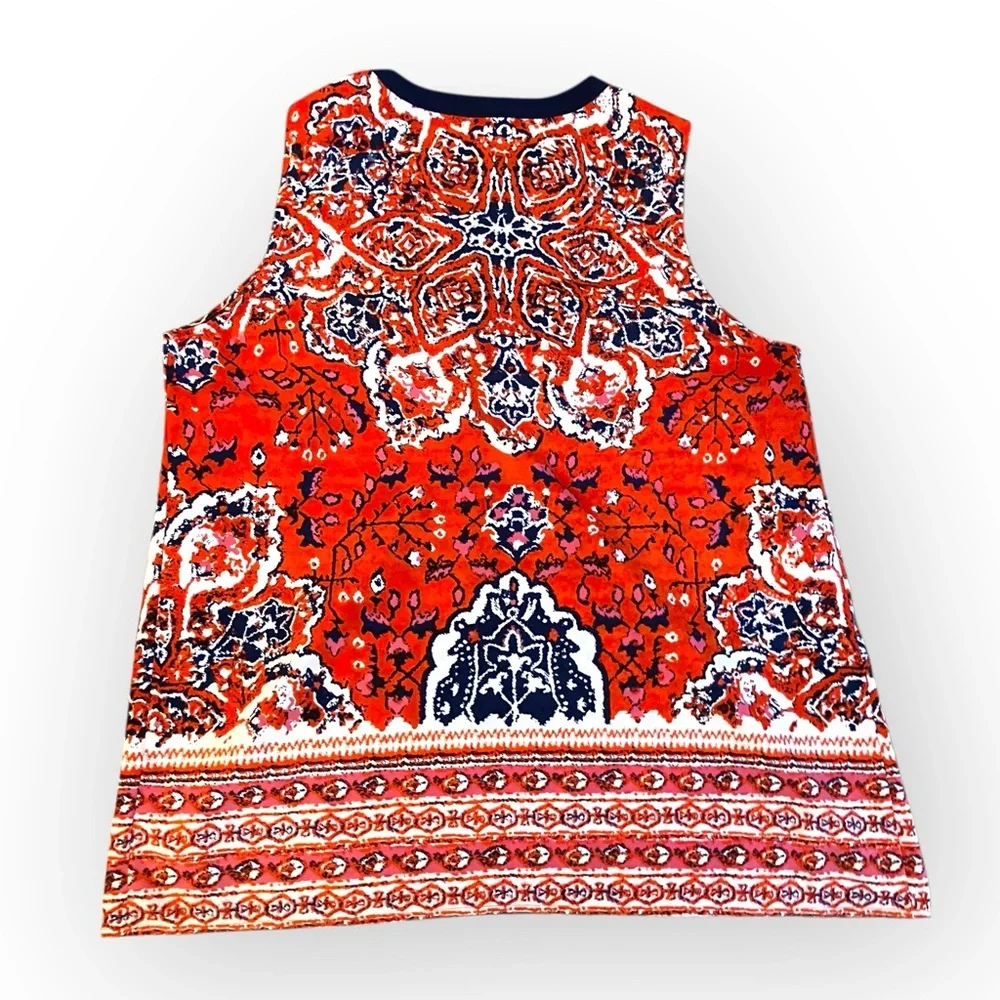 Fleur‎ Bleue Orange Boho Print Sleeveless Blouse Size Large Split Neck Top - Picture 2 of 5